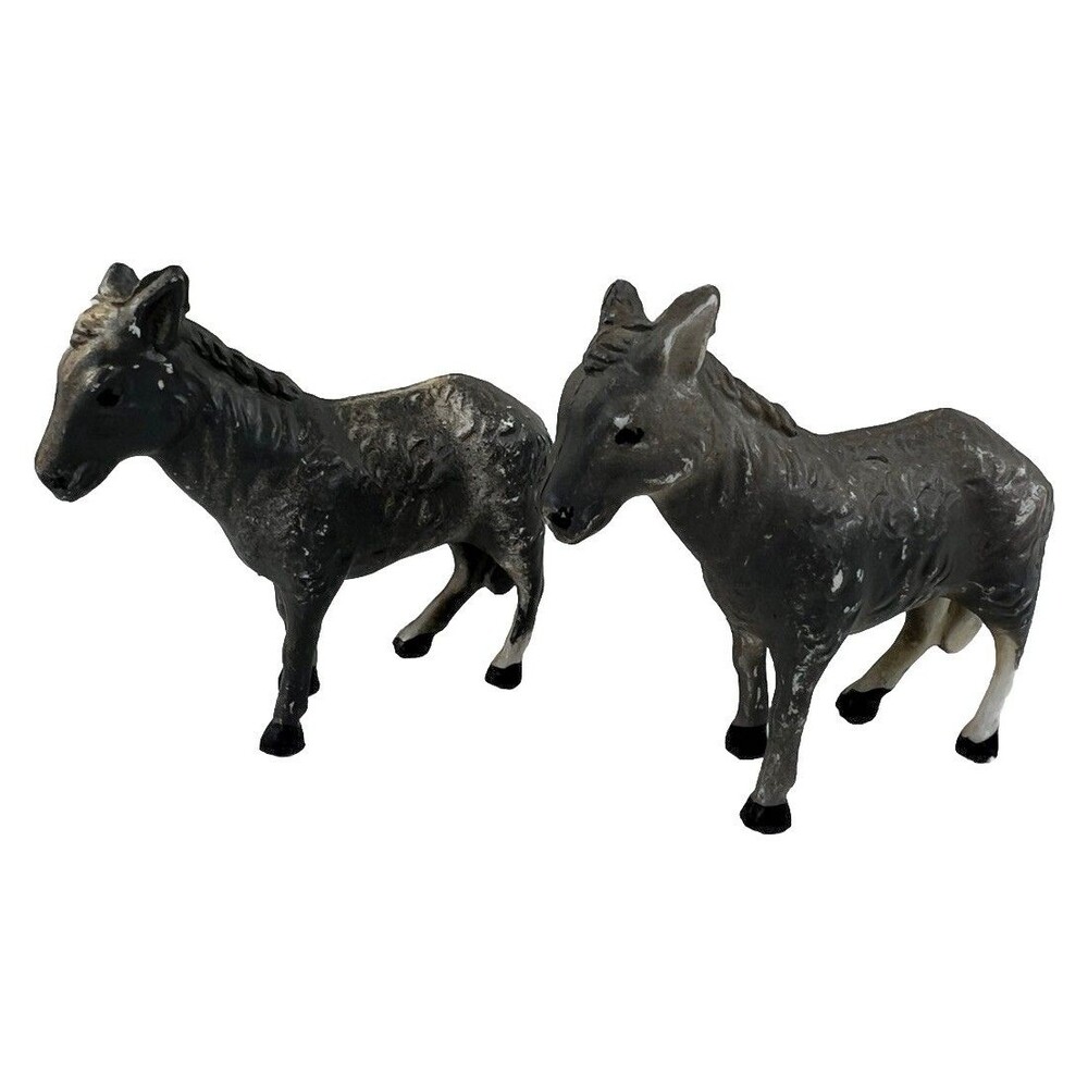Vintage Plastic Celluloid Nativity Donkey Set Of 2 Donkeys Marked “10” Replaces